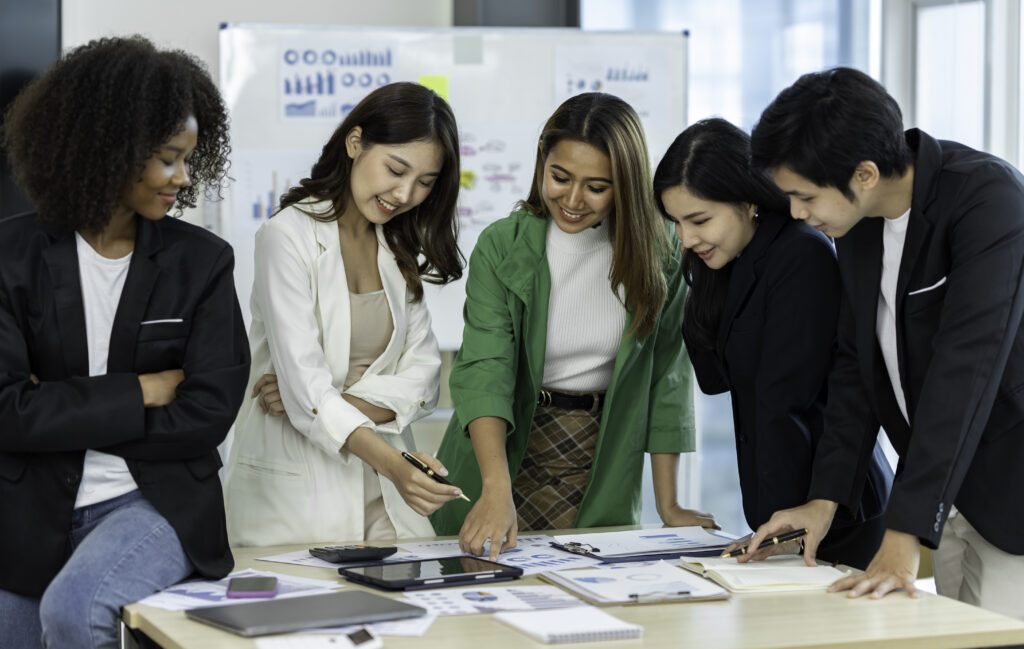 A group of brand ambassadors collaborating inside the office.